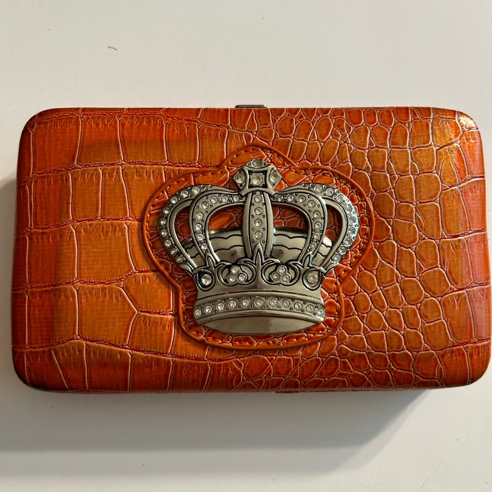 FASHION ORANGE FAUX CROC WITH SILVER RHINESTONES CROWN CHUNKY STYLE WALLET